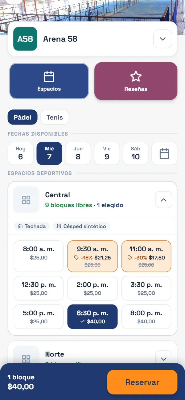 La ficha del negocio en la app de Replay58, con un horario elegido y el botón Continuar.