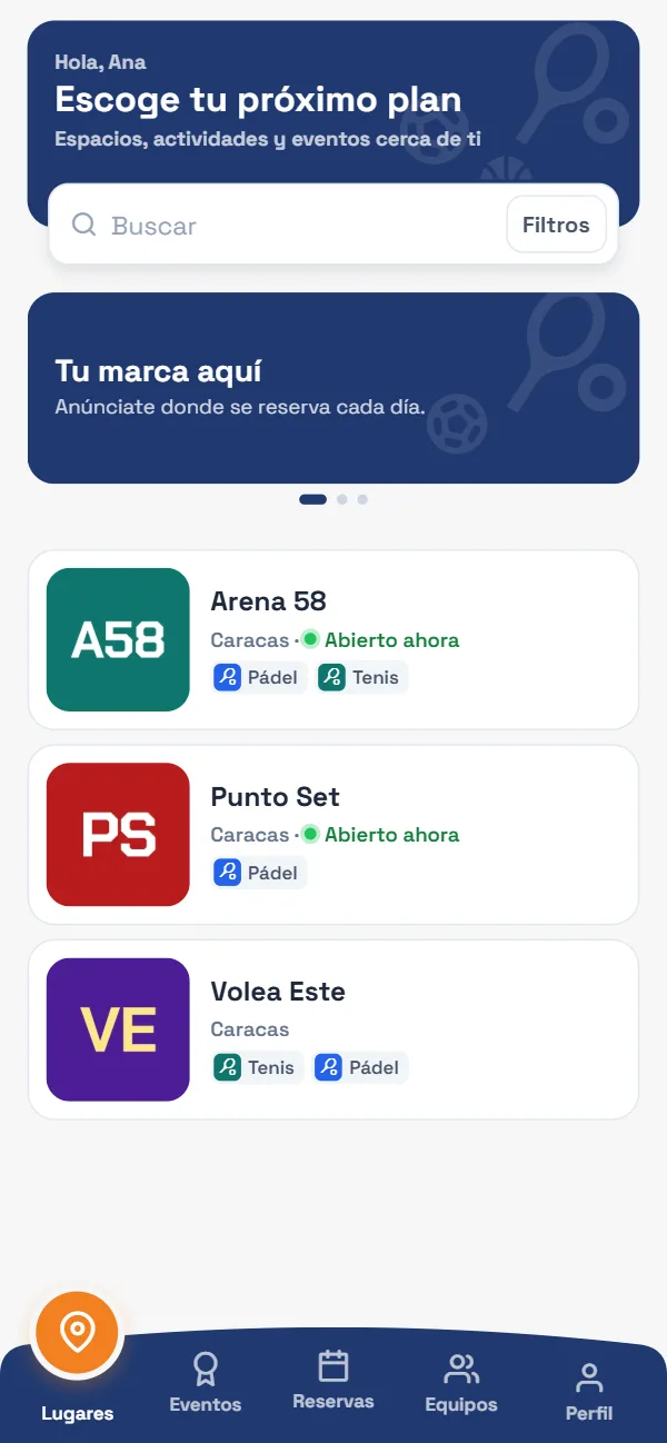 La lista de lugares de Replay58, con los deportes y los horarios libres de hoy.